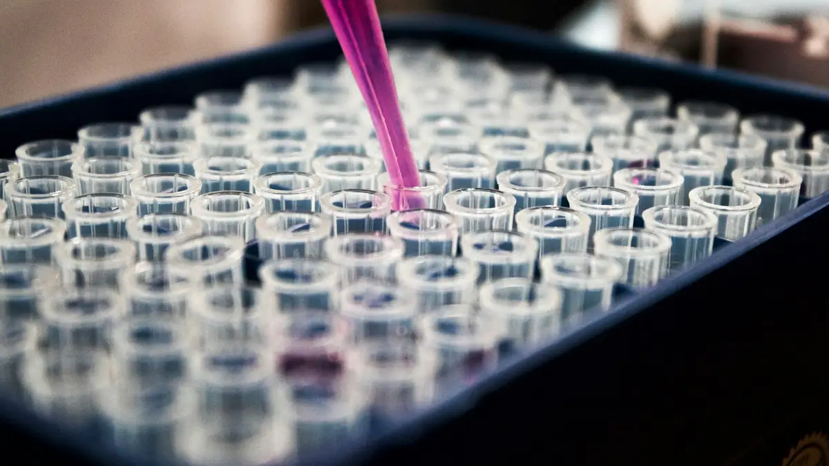 Pipette dispensing liquid into sample vials in a biotech lab