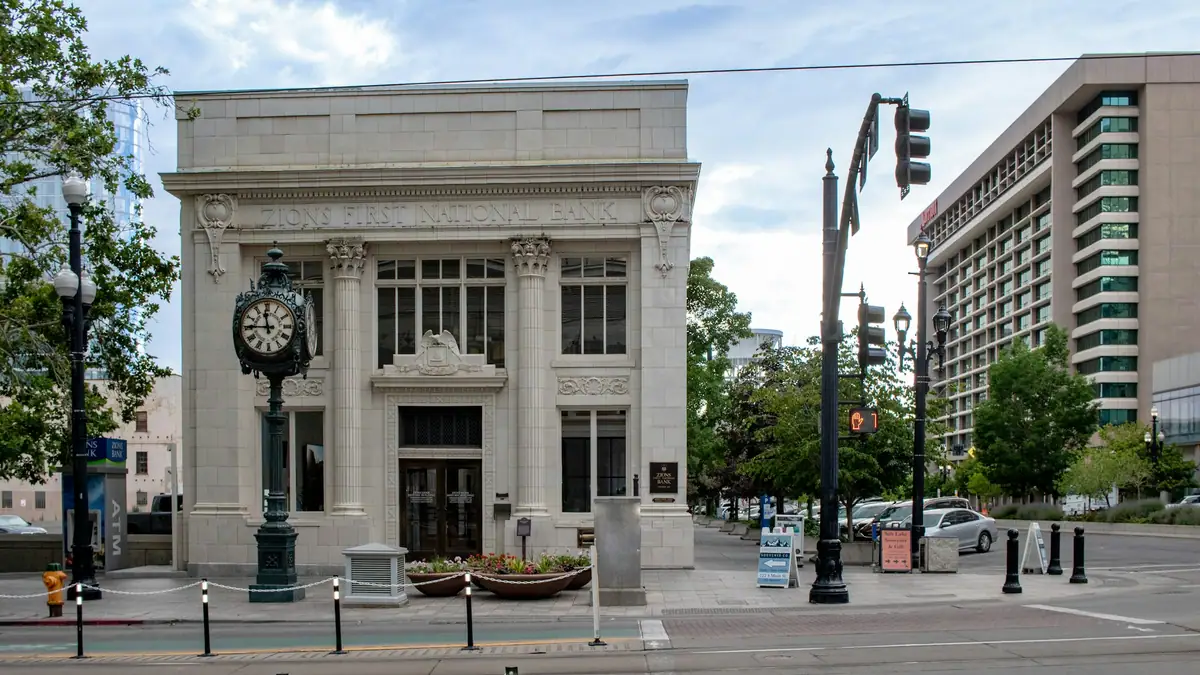 Community bank building on a downtown street