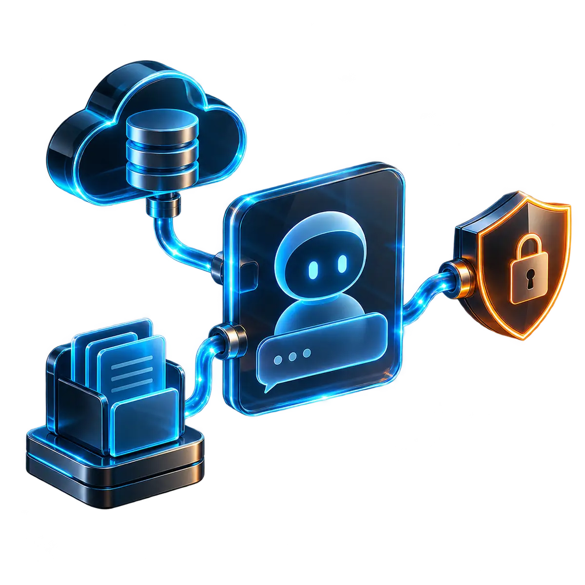 Claude connected to business systems: a cloud database and document store feeding an assistant conversation behind a security shield