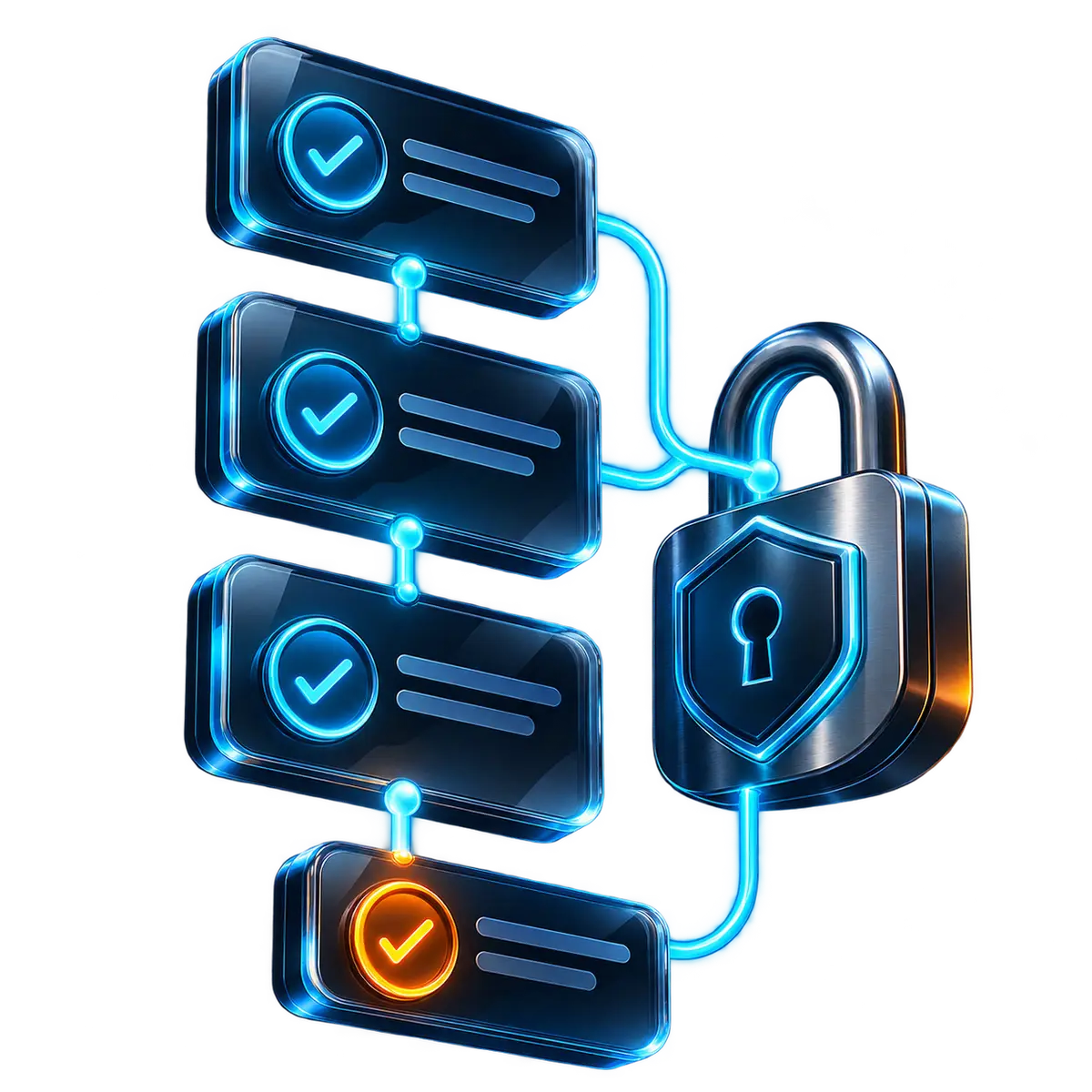 A compliance approval chain: sequential approval steps locked behind a security padlock