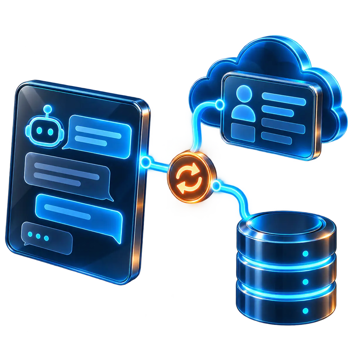 Claude integrated with a CRM: an assistant conversation syncing both ways with cloud customer records and a database