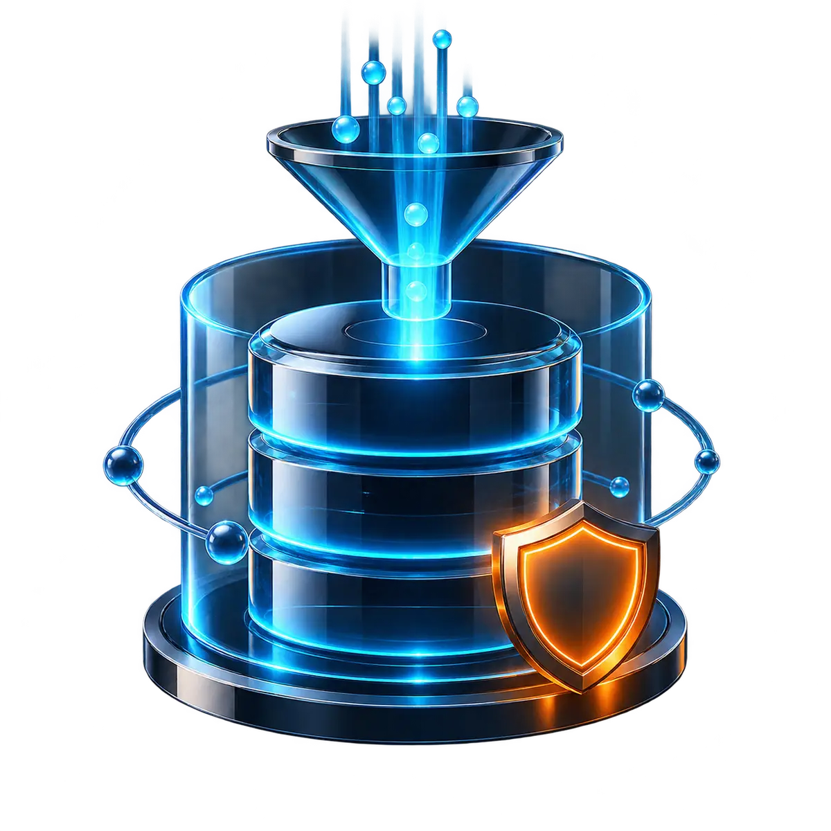 A governed data store: stacked databases inside a protective shell, fed through a filter and secured by a policy shield