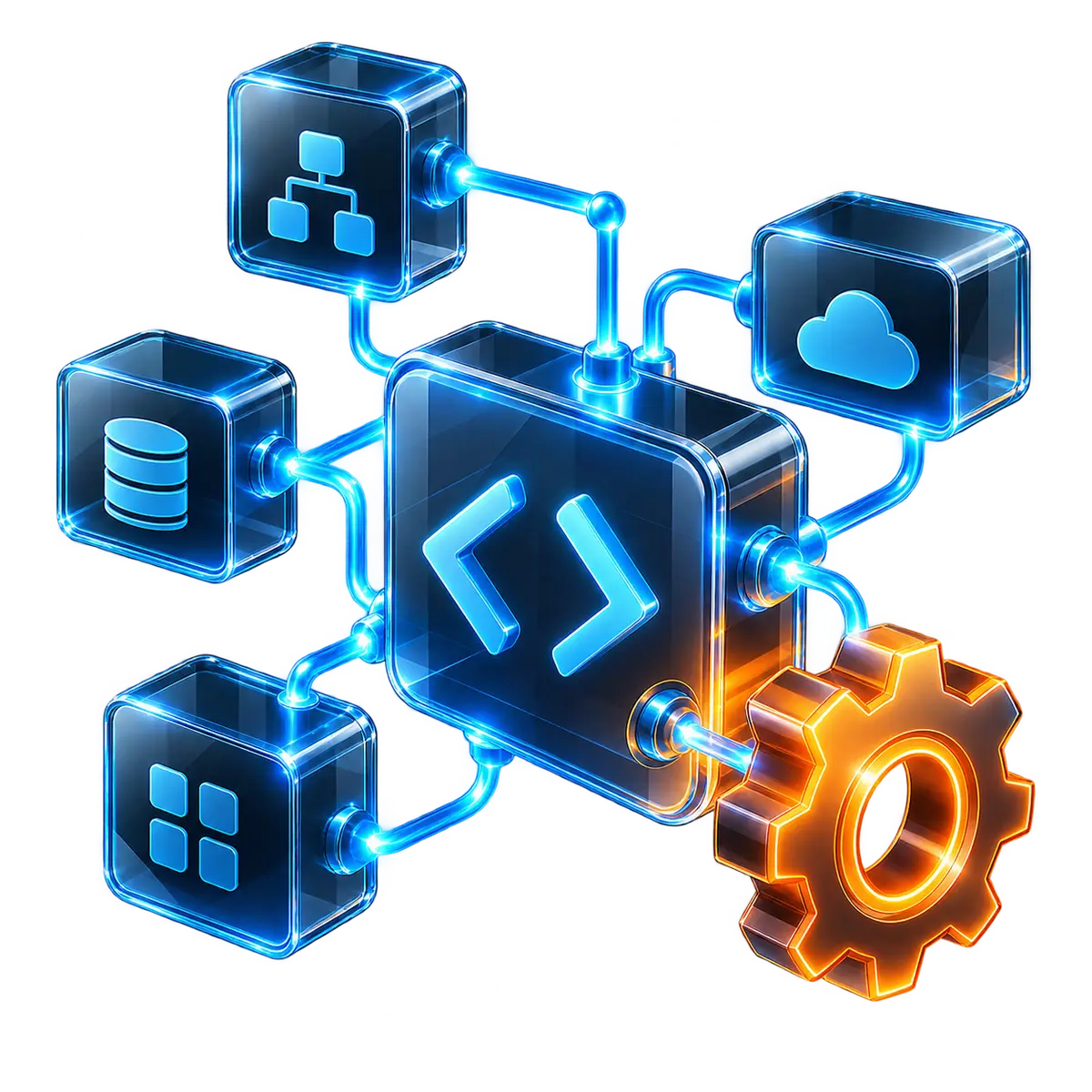 A custom Salesforce build: a code core wired to modular platform components and a configuration gear