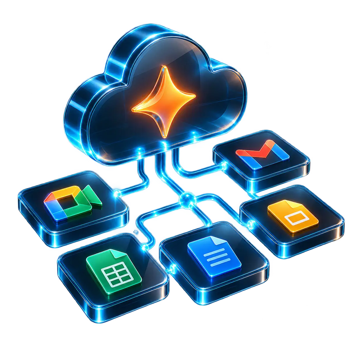 Google Gemini in a cloud workspace, connected to a grid of Google Workspace applications