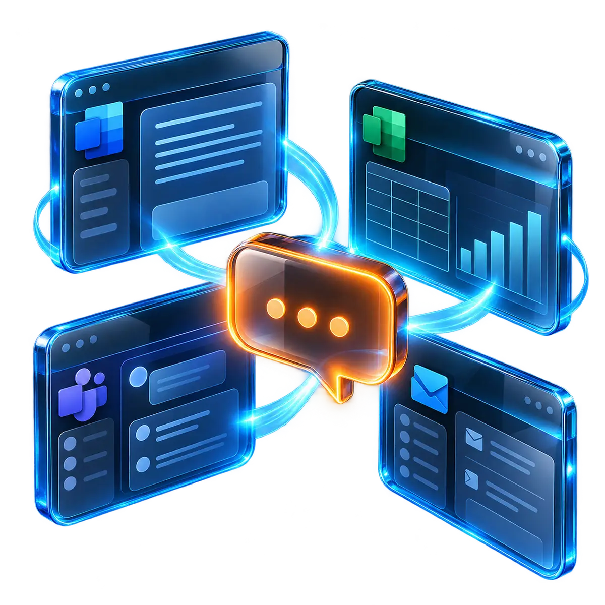 Microsoft Copilot assisting across four Microsoft 365 application windows from a single assistant conversation