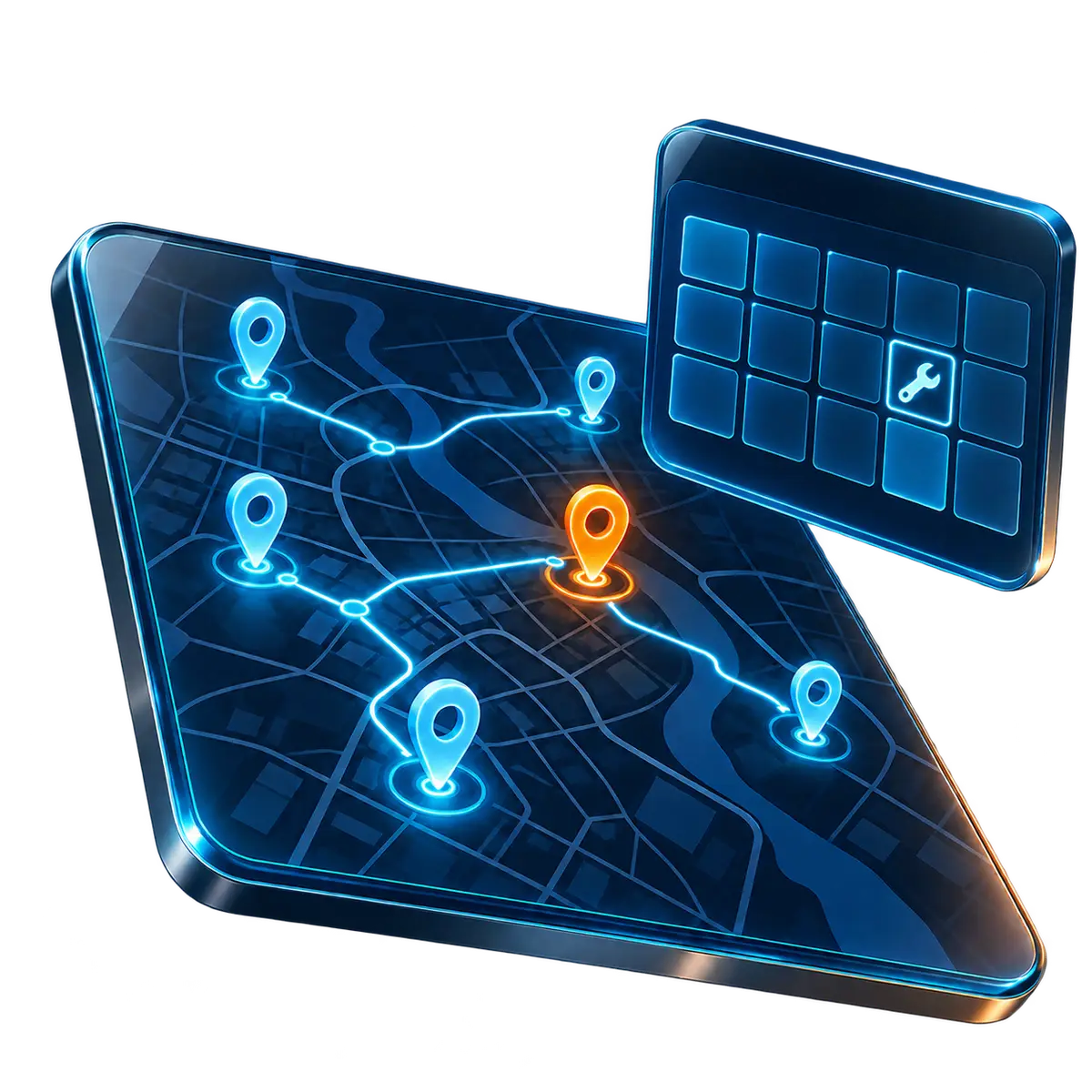 A field service dispatch board: a map with routed jobs and location pins, a scheduling calendar and a work-order tool icon alongside