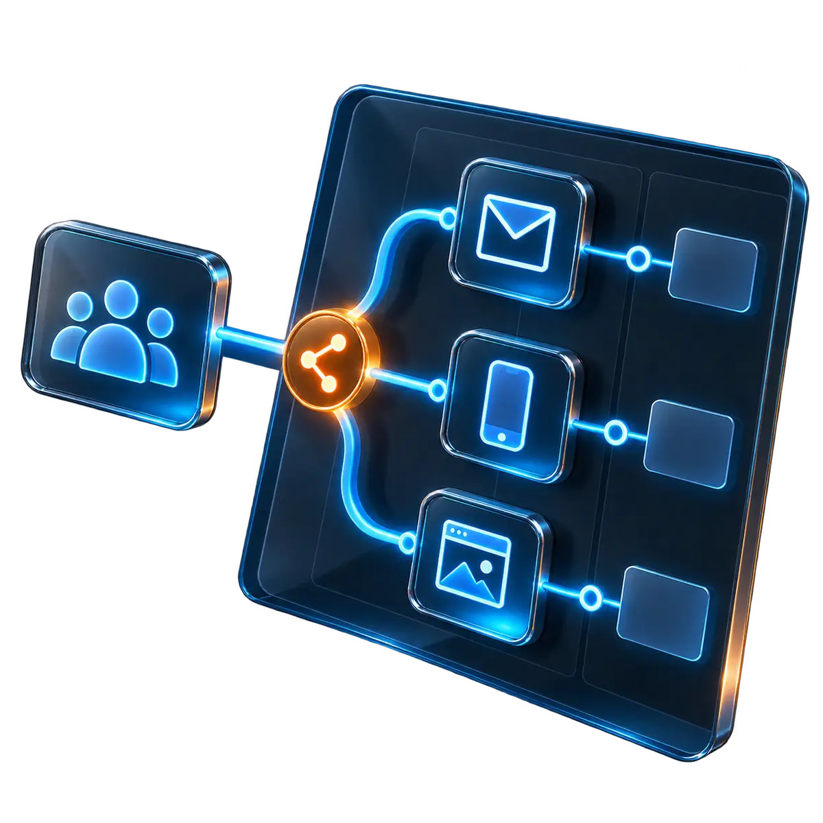 A Salesforce Marketing Cloud journey: an audience segment branching into email, mobile and advertising channel steps