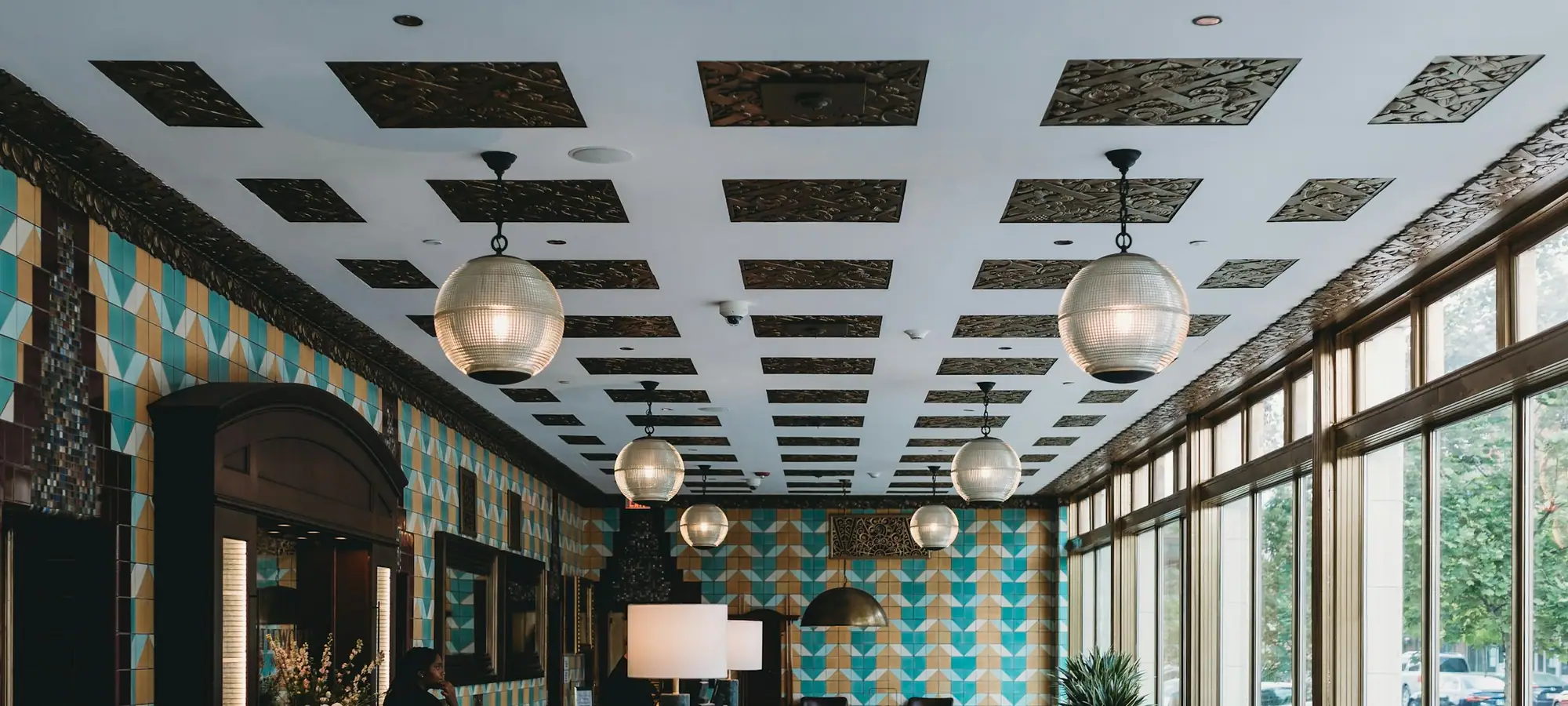 Hotel lobby bar with a checkered floor