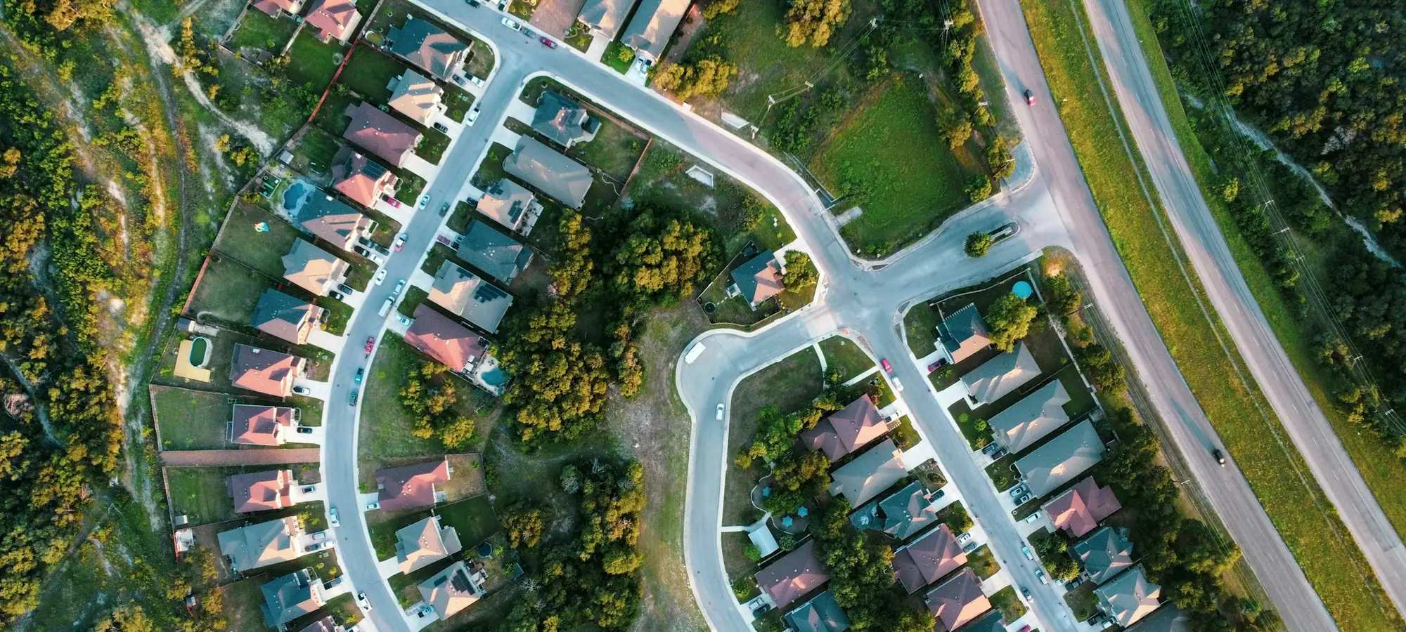 Aerial view of a suburban neighborhood