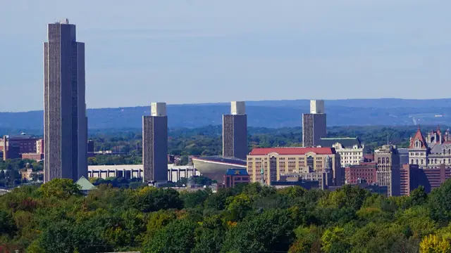 Albany skyline with the New York State Capitol and Empire State Plaza
