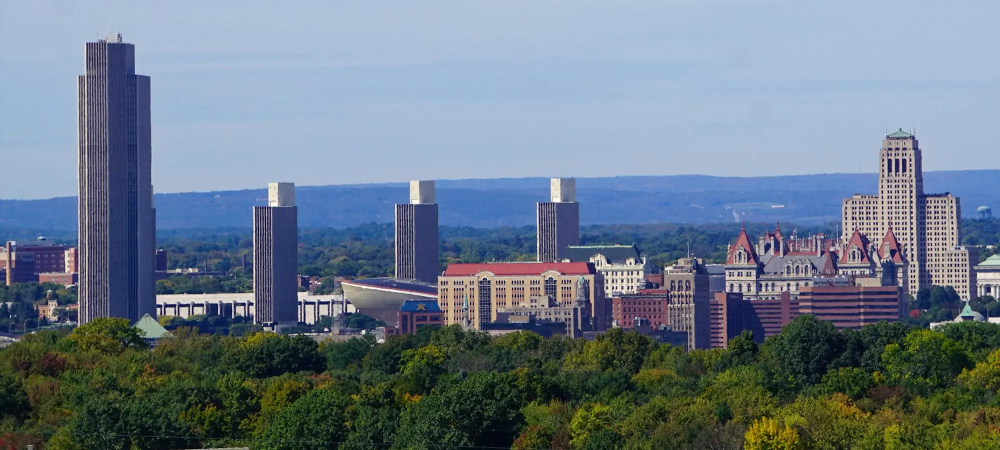 Albany skyline with the New York State Capitol and Empire State Plaza