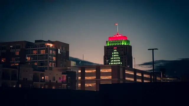 Downtown Allentown at dusk with the PPL Building lit
