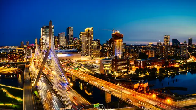 Boston skyline and the Zakim Bridge at night