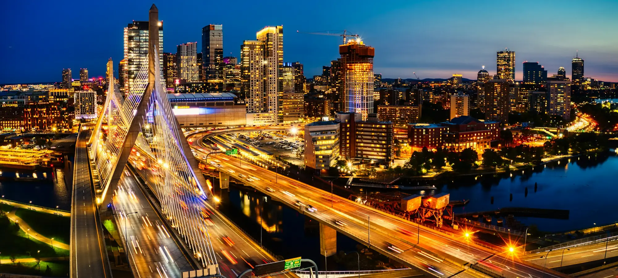 Boston skyline and the Zakim Bridge at night