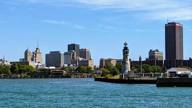 Buffalo skyline and lighthouse seen from the harbor