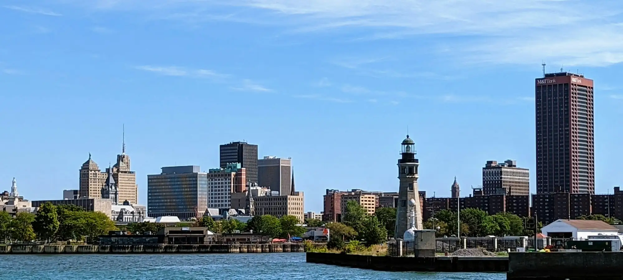 Buffalo skyline and lighthouse seen from the harbor