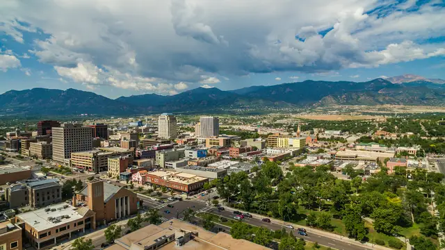 Downtown Colorado Springs with the Front Range behind