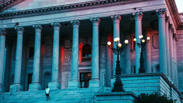 South Carolina State House columns at dusk in Columbia