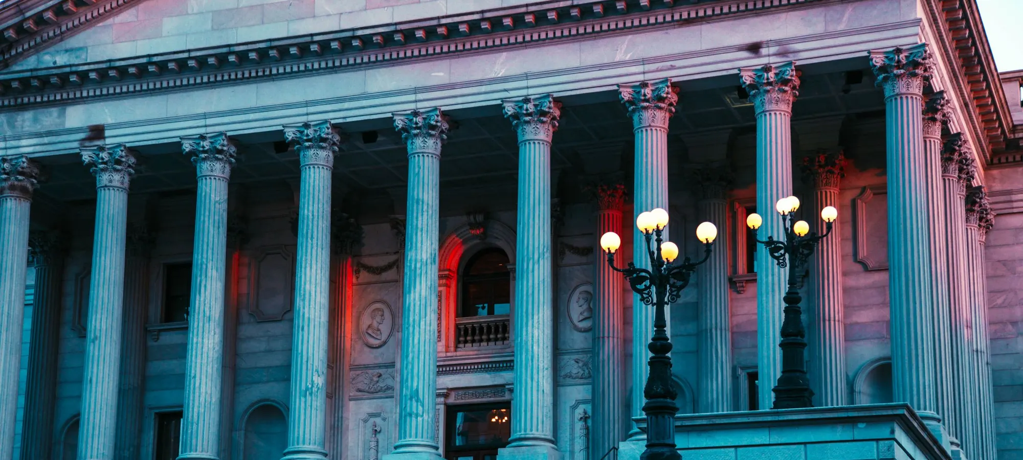 South Carolina State House columns at dusk in Columbia