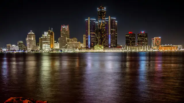 Detroit skyline across the Detroit River at night