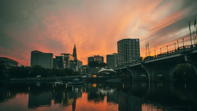 Hartford skyline and bridge over the Connecticut River at sunset
