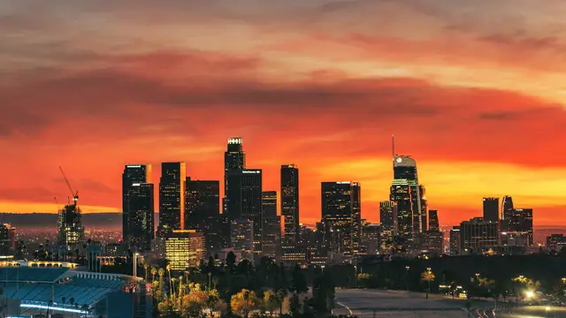 Downtown Los Angeles skyline at sunset