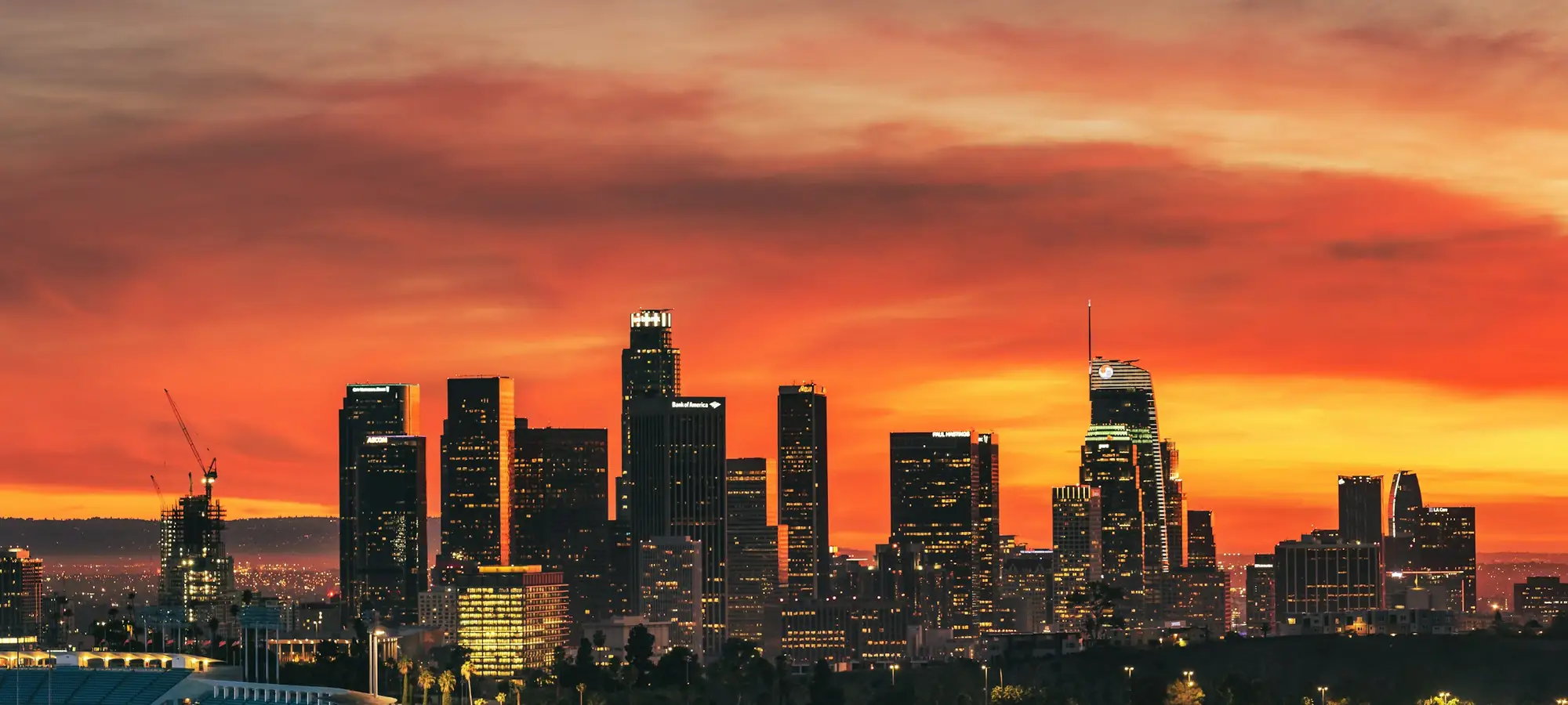 Downtown Los Angeles skyline at sunset
