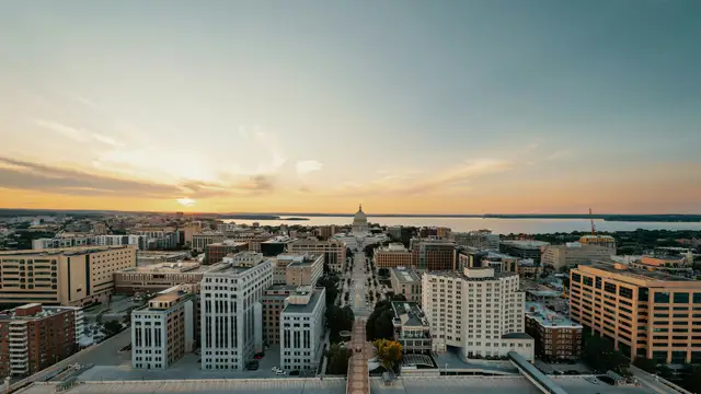 Downtown Madison and the Wisconsin State Capitol at sunset