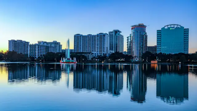 Downtown Orlando skyline across Lake Eola