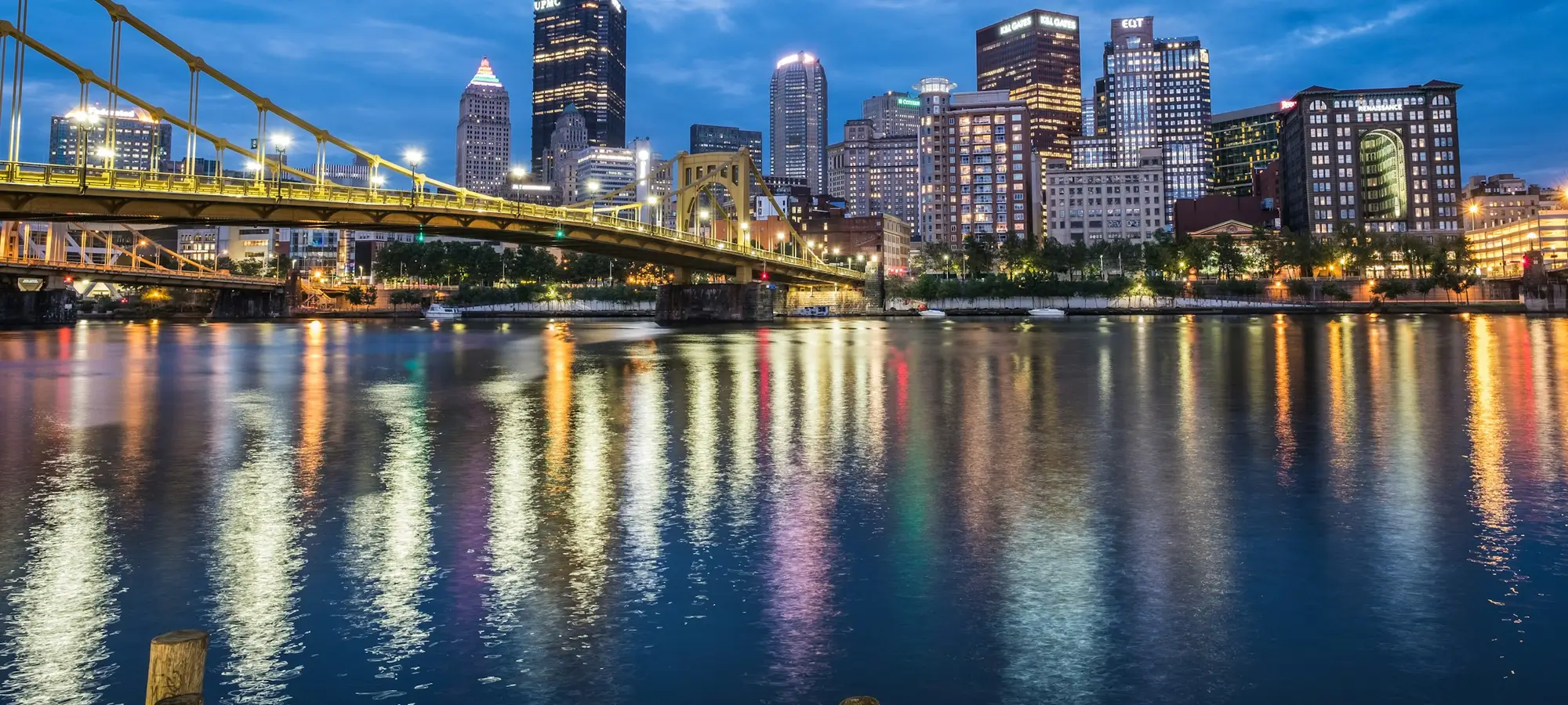 Pittsburgh skyline and bridge at dusk