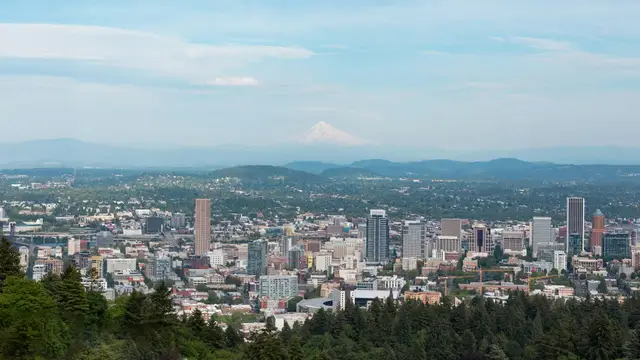 Downtown Portland with Mount Hood in the distance