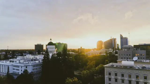 Downtown Sacramento and the California State Capitol at sunset