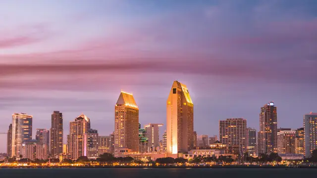 San Diego skyline across the bay at dusk