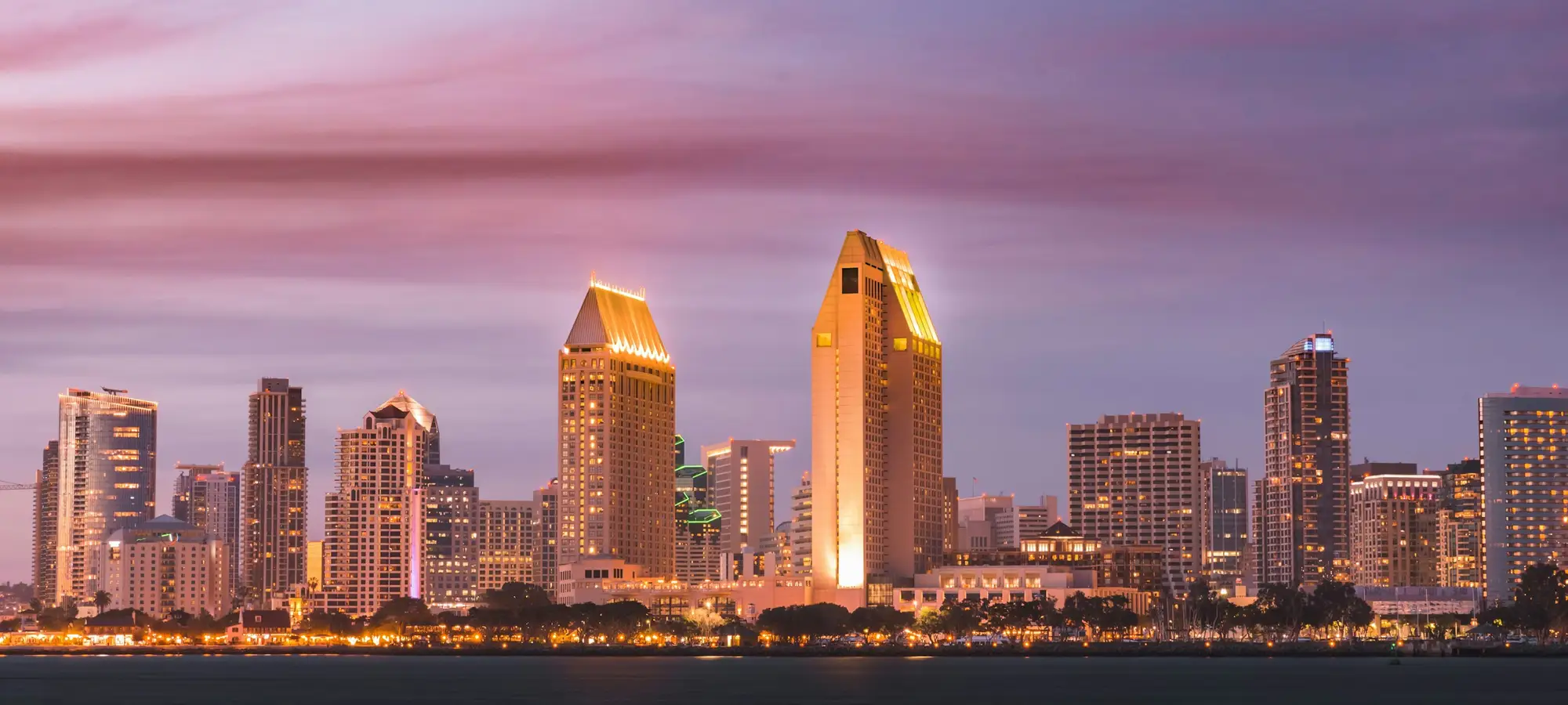 San Diego skyline across the bay at dusk