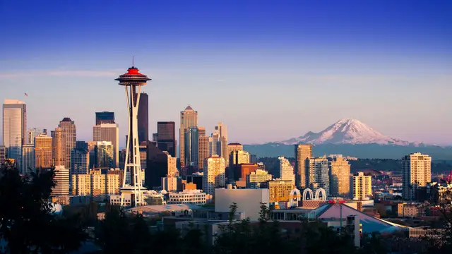 Seattle skyline and Space Needle with Mount Rainier