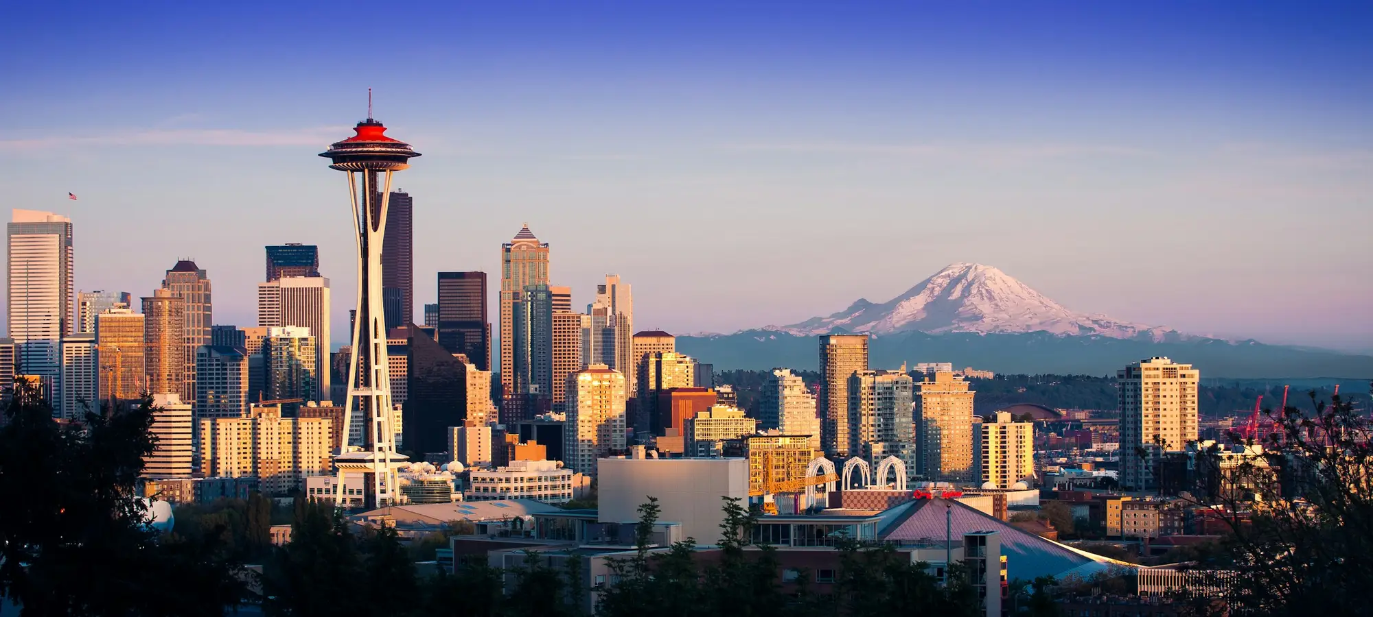 Seattle skyline and Space Needle with Mount Rainier