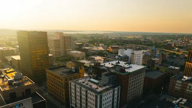 Downtown Syracuse from above at sunrise