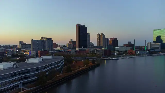 Toledo skyline along the Maumee River at dusk
