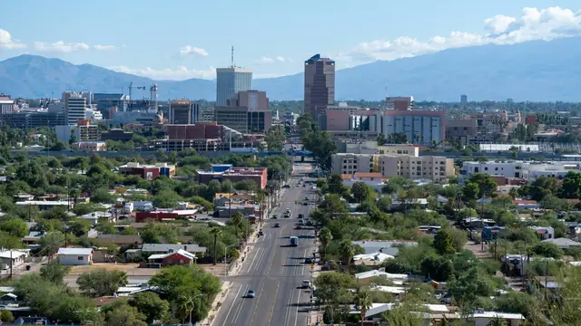 Downtown Tucson with the mountains behind