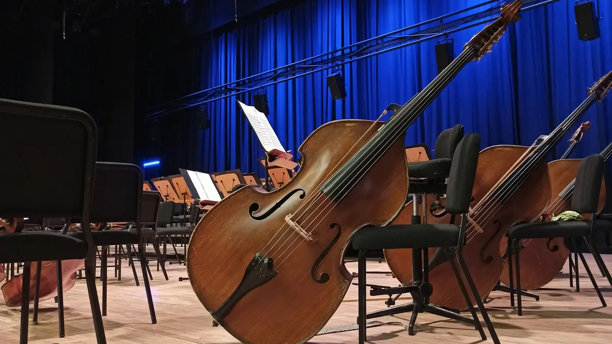 Double basses resting on chairs on an orchestra stage