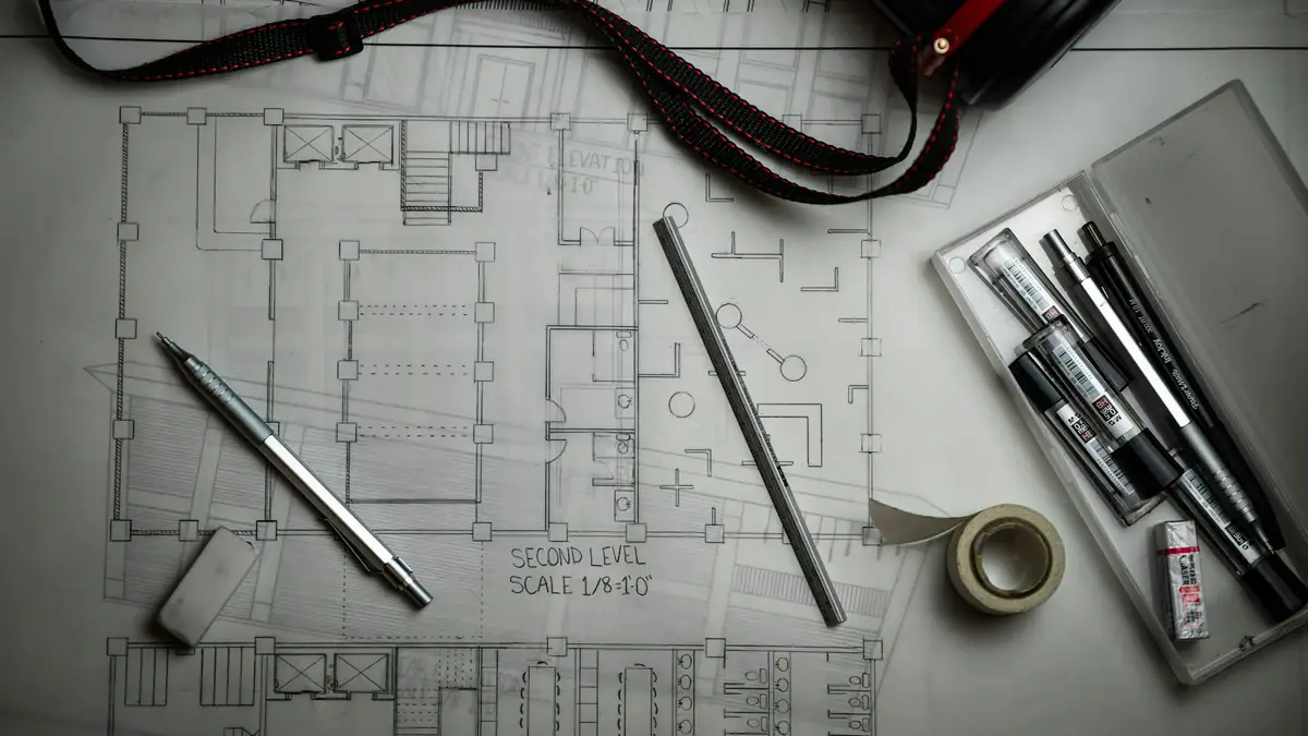 Architectural blueprints with drafting pencils