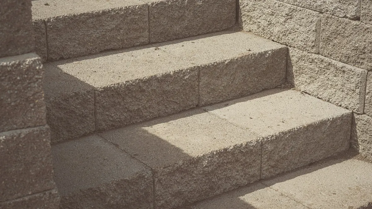 Three wide concrete steps beside a block retaining wall