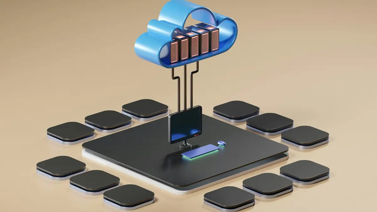 Illustration of data moving from servers into the cloud
