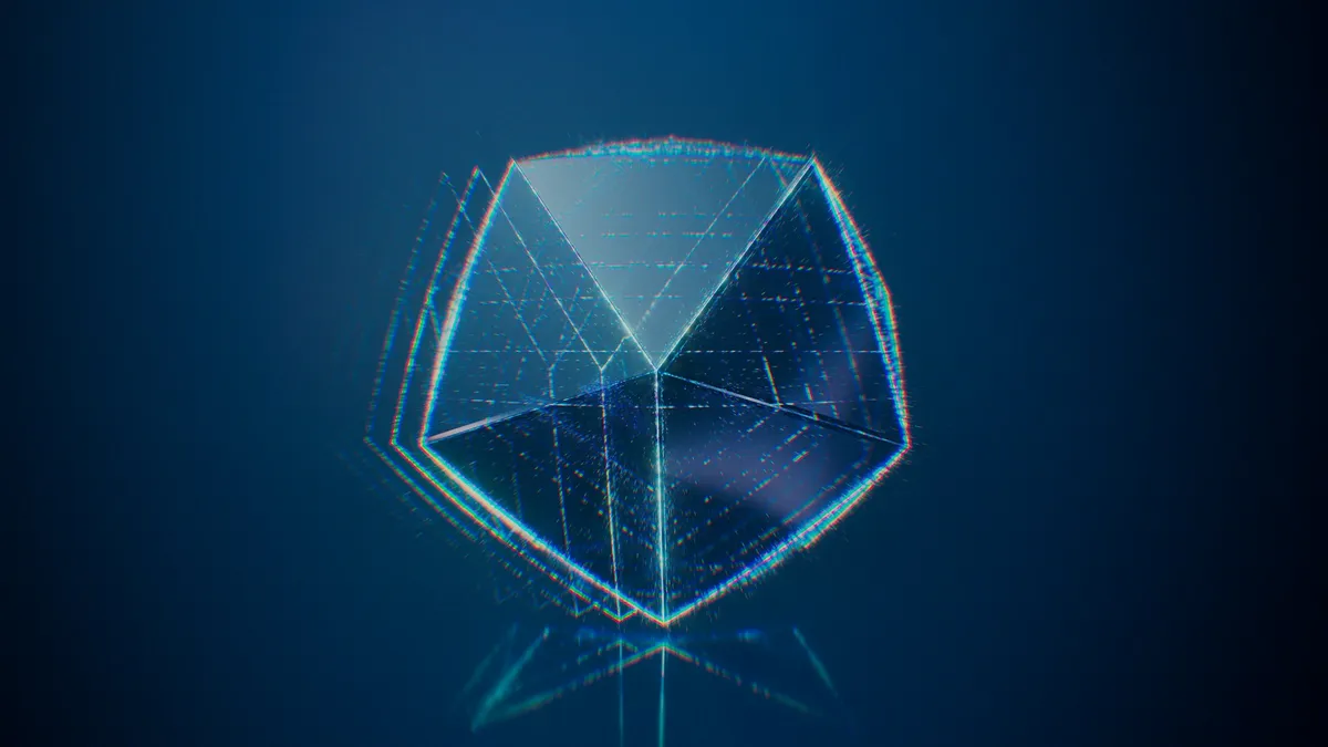 Glowing glass polyhedron on a dark blue background