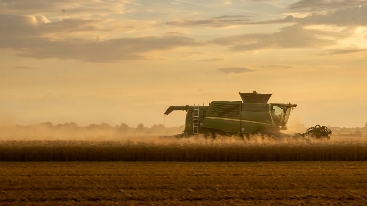 Combine harvesting grain in a field at dusk