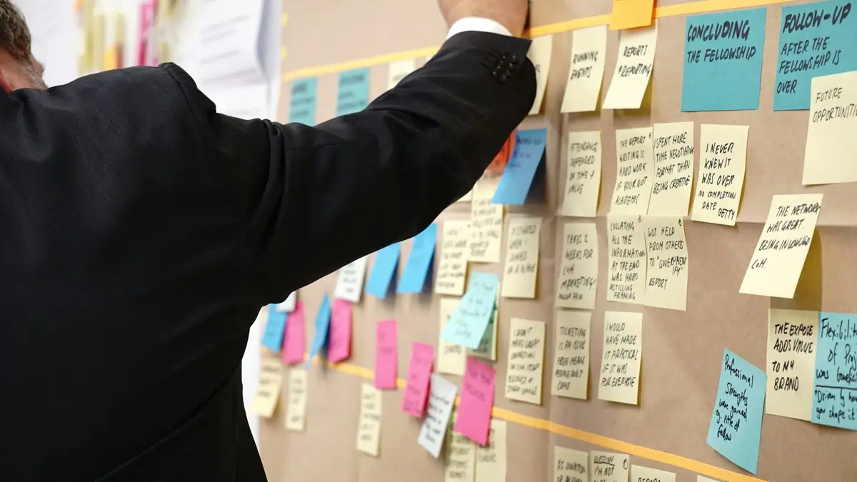 Project plan mapped out with sticky notes on a board