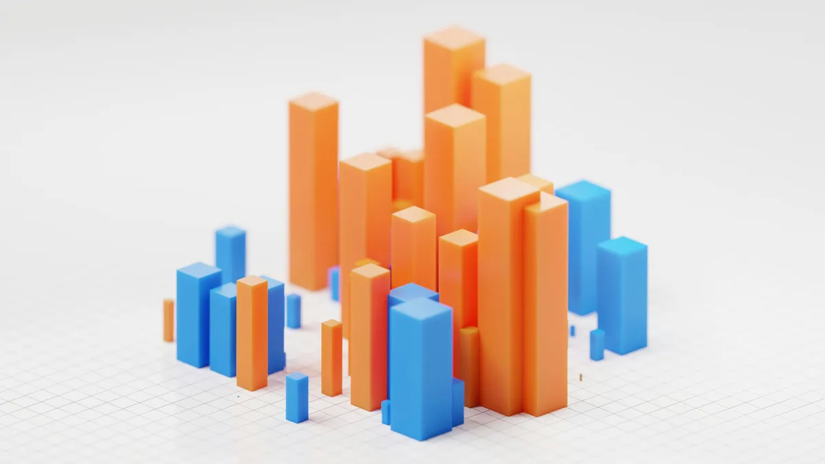 Orange and blue 3D bar chart columns on a white grid