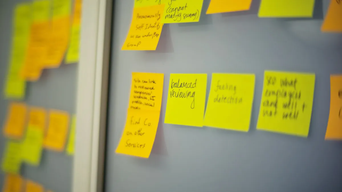 Handwritten sticky notes arranged on a planning wall