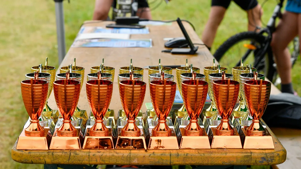 Row of copper trophies lined up on a wooden table