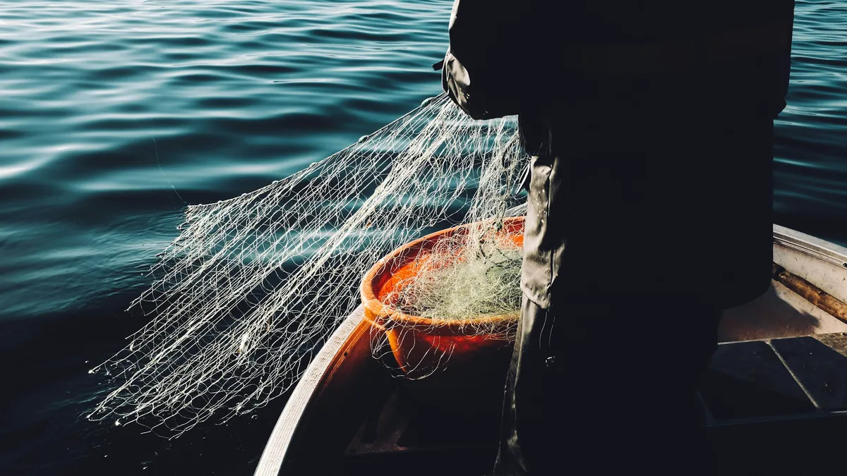 Fisherman hauling a fine net into a boat